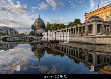 National Gallery, Friedrichs Bridge and Berliner Dom (Berlin Cathedral) reflected in the Spree river in Berlin. Stock Photo