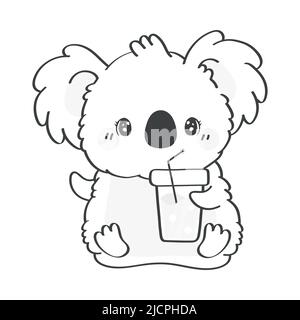 Cute Koala Clipart Isolated on White Background. Funny Clip Art Koala Bear Black and White with a Summer Cocktail. Vector Illustration of an Animal Stock Vector