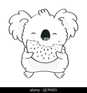 Clipart Koala Coloring Page in Cartoon Style. Cute Clip Art Koala Bear Black and White Eating Watermelon. Vector Illustration of an Animal for Stock Vector