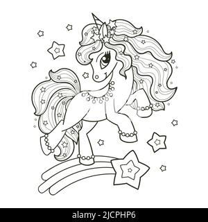 Cute cartoon unicorn. Black and white line drawing. Vector Stock Vector