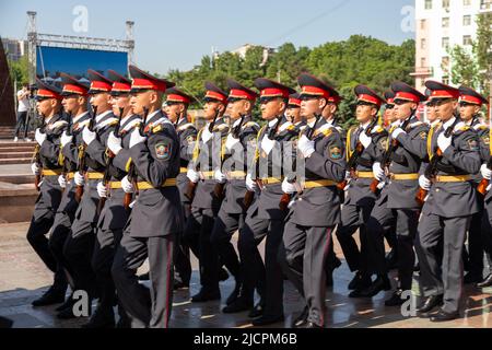 Bishkek, Kyrgyzstan - May 9, 2022: Kyrgyzstan army forces marching during a military parade on Victory Day Stock Photo