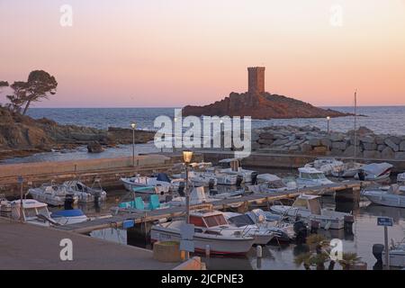 France, Var Saint Raphaël, le Dramont, le port de pêcheurs, l'Ile d'Or Stock Photo