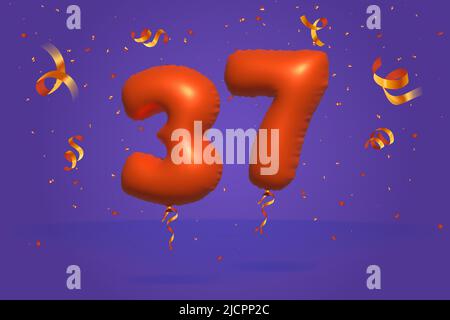 3d number 37 Sale off discount promotion made of realistic confetti Foil 3d Orange helium balloon vector. Illustration for selling poster, banner ads, Stock Vector