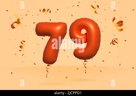 3d number 79 Sale off discount promotion made of realistic confetti Foil 3d Orange helium balloon vector. Illustration for selling poster, banner ads, Stock Vector