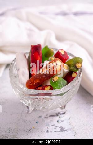 Turkish delight varieties in glass bowls. Traditional Turkish delicacies. Celebration concept. Ramazan bayrami. Kurban bayrami. close up Stock Photo