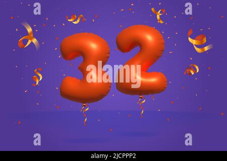 3d number 32 Sale off discount promotion made of realistic confetti Foil 3d Orange helium balloon vector. Illustration for selling poster, banner ads, Stock Vector