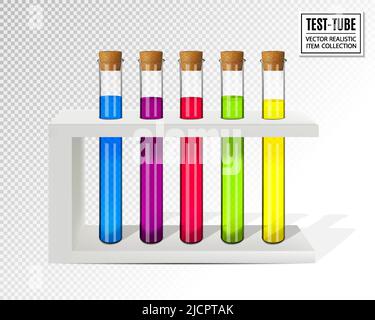 Vector set of transparent glass chemical laboratory test tubes with varicolored liquid isolated on transparent background Stock Vector
