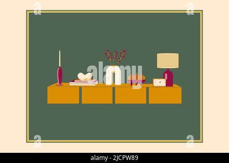 Living room interior with furniture, indoor plants, books and home decorations. vector illustration. Stock Vector