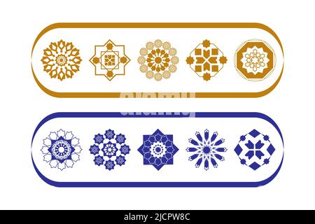 Arabic pattern abstract icon set. Rounded symbol set, vector spirographs. Luxurious abstract geometric shape logo, Concept vector set. Stock Vector