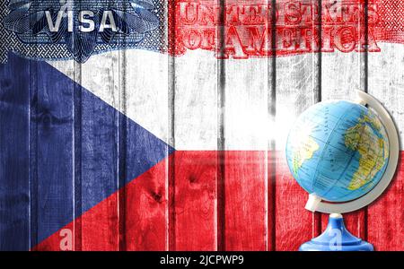 United States of America visa document, flag of Czech Republic and globe in the background. The concept of travel to the United States and illegal mig Stock Photo