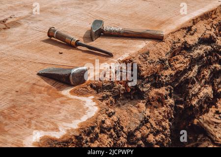 Carpenter tools laying on cut tree trunk. Chisel, hammer and metal neck Stock Photo