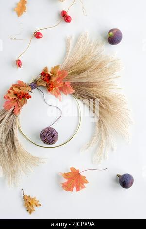 Dried floral wreath from dry pampas grass and Autumn leaves. Fall fecorations tied with cord to metal frame. Fig fruits on off white background. Stock Photo