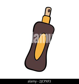 Bottle with sunscreen spray. Simple icon in hand drawn style. Element for summer design. Essentials for sunbathing on the beach. Stock Vector