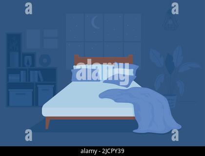 Dark bedroom with unmade bed flat color vector illustration Stock Vector