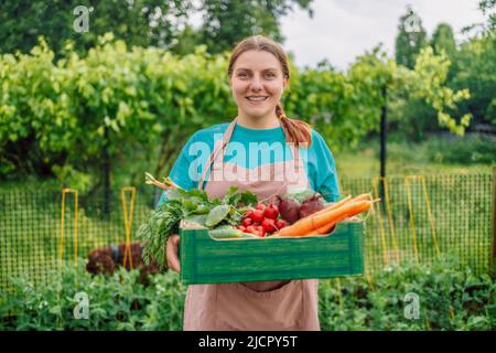 Authentic shot of happy farmer holding paper box with fresh harvested at the moment vegetables on countryside field. Stock Photo