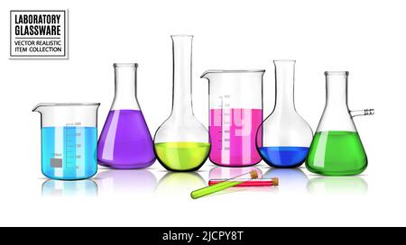 Realistic vector laboratory glassware with liquids of different colors with reflections on table. 3d illustration Stock Vector