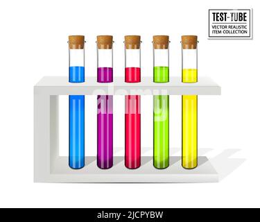 Colored liquids in five test tubes isolated over white background. Realistic vector, 3d illustration Stock Vector