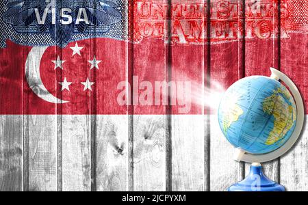 United States of America visa document, flag of Singapore and globe in the background. The concept of travel to the United States and illegal migratio Stock Photo