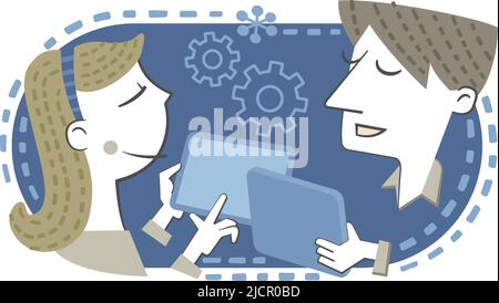Man and woman interacting with their tablets. Retro style banner with a couple working with their tablets. Stock Vector