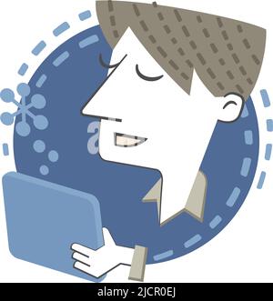 Young man with a tablet. Retro style banner with a young man working on a tablet. Stock Vector