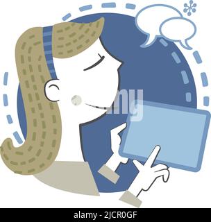 Young woman with a tablet. Retro style banner with a young woman talking on a tablet. Stock Vector