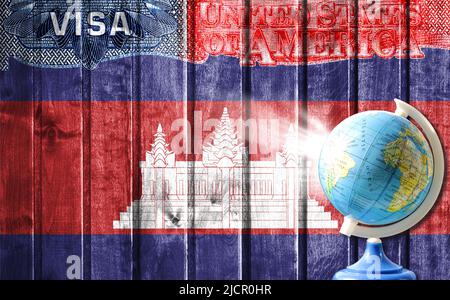 United States of America visa document, flag of Cambodia and globe in the background. The concept of travel to the United States and illegal migration Stock Photo