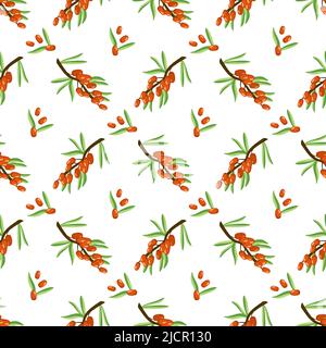 Seamless pattern with sea buckthorn on white background. Print of useful small orange berries on branch with leaf, summer or autumn harvest in garden. Vector flat illustration Stock Vector