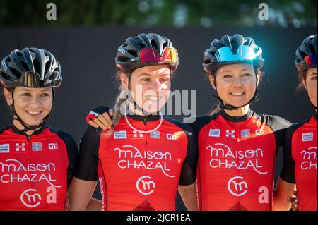 LAVRY Laura and BIARD Marie-Louise and FISHER Annabel from the Team Chambéry Cyclisme Compétition during the Women's Mont Ventoux Challenge 2022, UCI Europe Tour event, Vaison-la-Romaine - Mont Ventoux (100 Km) on June 14, 2022 in Vaison-la-Romaine, France - Photo Florian Frison / DPPI Stock Photo
