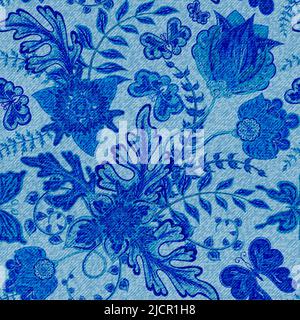 Vector seamless blue denim textures with fantasy flower pattern on background Stock Vector