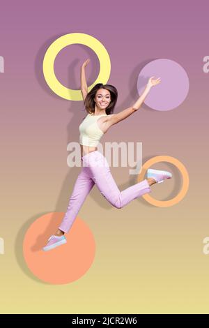 Vertical composite collage portrait of overjoyed person jumping flying have good mood isolated on creative background Stock Photo