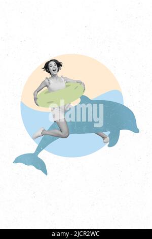 Vertical collage portrait of excited carefree person black white effect ride drawing dolphin hold inflatable ring Stock Photo