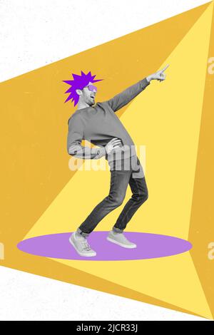 Vertical collage picture of excited dancing person black white effect point finger creative drawing painting Stock Photo