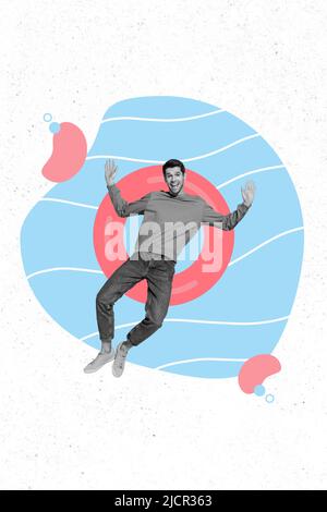 Vertical composite collage picture of positive carefree person black white effect laying drawing inflatable circle water Stock Photo