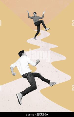 Vertical collage picture of two running sportive people black white gamma drawing path isolated on creative background Stock Photo