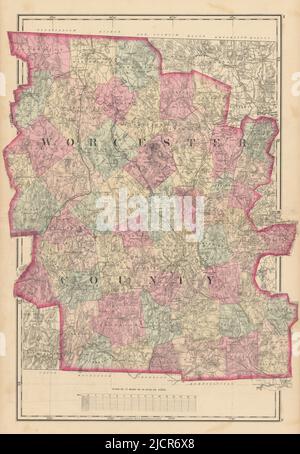 Worcester County, Massachusetts. WALLING & GRAY 1871 old antique map chart Stock Photo