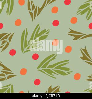 Seamless vector pattern with leaves and dots on grey background. Simple Christmas wallpaper design. Seasonal fashion textile. Stock Vector