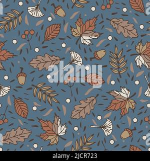 Seamless vector pattern with autumn leaves on blue background. Beautiful fall season wallpaper design. Decorative forest fashion textile. Stock Vector