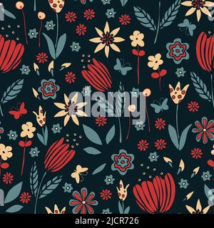 Seamless vector pattern with dream garden on blue background. Vintage floral wallpaper design with red blooms. Decorative flower fashion textile. Stock Vector