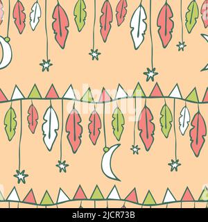 Seamless vector pattern with moon and stars on baby pink background. Simple nursery wallpaper design with hanging feathers. Stock Vector