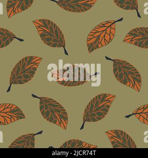 Seamless vector pattern with falling leaves on green background. Simple autumn forest wallpaper design. Decorative seasonal fashion textile. Stock Vector
