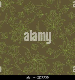 Seamless vector pattern with outlined flowers on brown background. Vintage floral wallpaper texture. Decorative botanical fashion textile. Stock Vector