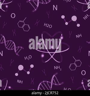 Seamless vector pattern with DNA and atoms on purple background. Simple scientific wallpaper design. Decorative chemistry fashion textile. Stock Vector