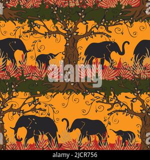Seamless vector pattern with African elephant silhouettes on yellow background. Savannah animal landscape wallpaper design. Stock Vector
