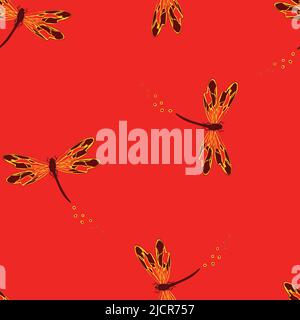 Seamless vector pattern with golden dragonfly's on bright red background. Modern insect wallpaper design. Beautiful summer fashion textile. Stock Vector