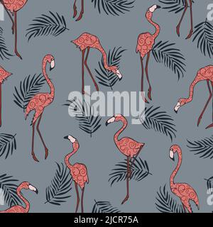 Seamless vector  pattern with tropical bird on grey background. Simple flamingo wallpaper design. Decorative summer fashion textile. Stock Vector