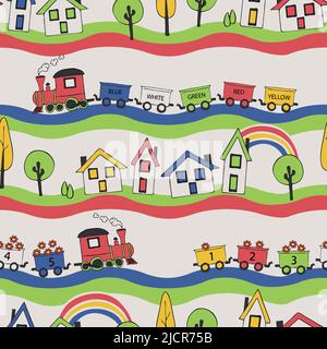 Seamless vector pattern with colourful train on cream white background. Simple happy railway wallpaper design for children. Stock Vector
