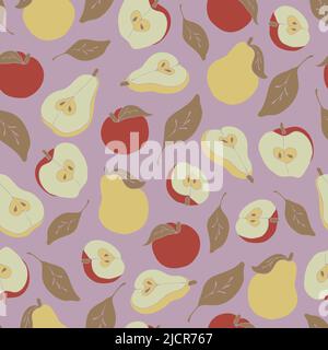 Seamless vector pattern with apples and pears on light purple background. Healthy food wallpaper design with fruits. Simple fresh fashion textile. Stock Vector