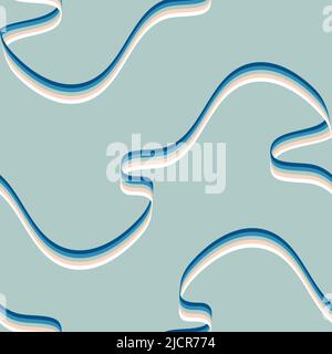 Seamless vector pattern with flowing ribbon on blue background. Simple relaxing wavy wallpaper design. Decorative fashion textile. Stock Vector
