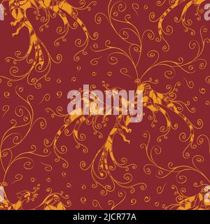 Seamless vector pattern with phoenix on red background. Mythical fire bird wallpaper design with curved lines. Fantasy fashion fabric style. Stock Vector