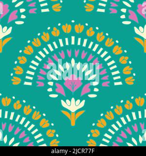Seamless vector pattern with flower fan on turquoise background. Beautiful summer floral wallpaper design. Decorative tribal fashion textile. Stock Vector